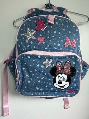 Disney Minnie Mouse Star Print Backpack, Pink Trim, Glitter Patches, Kids/Youth